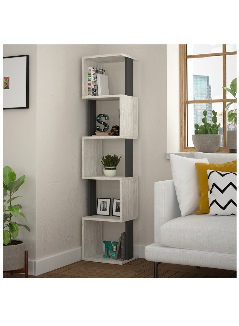 موراه مكتبة زاوية بيري من موراه هوم، خزانة كتب عصرية بستة رفوف، رف كتب متعدد التخزين، وحدة عرض لغرفة النوم، غرفة المعيشة - 30×161×35 سم - أبيض قديم/رمادي داكن - Image 1
