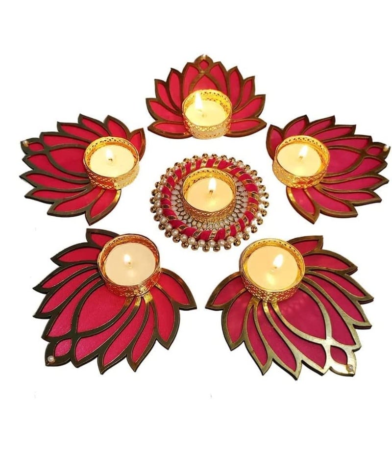 KollectionKart Beautiful Handmade 5 Lotus Tea Lights 1 Gota Bangle Tea Light Floor Rangoli for Home Office Decoration Diwali Gifts coOperate Gift Red 