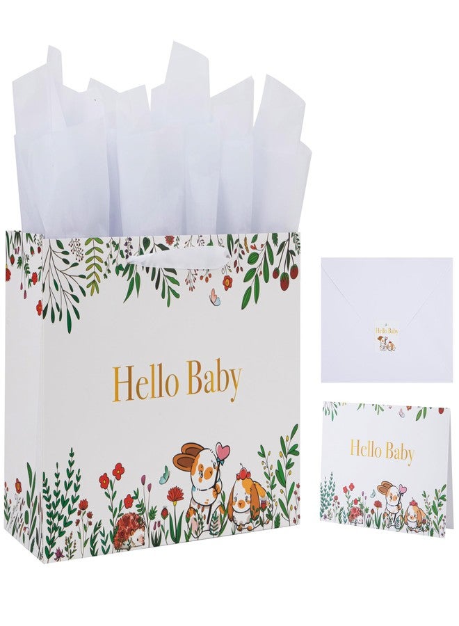 Qirrmiy 13" Large White Gift Bag Set with Greeting Card and Tissue Papers (Hello Baby Design for Girls' Birthday Party, Baby Shower, Baby Girl or Boy, Women's Birthday Parties - 13”x5.2”x10.2”, 1 Pcs. - Image 1