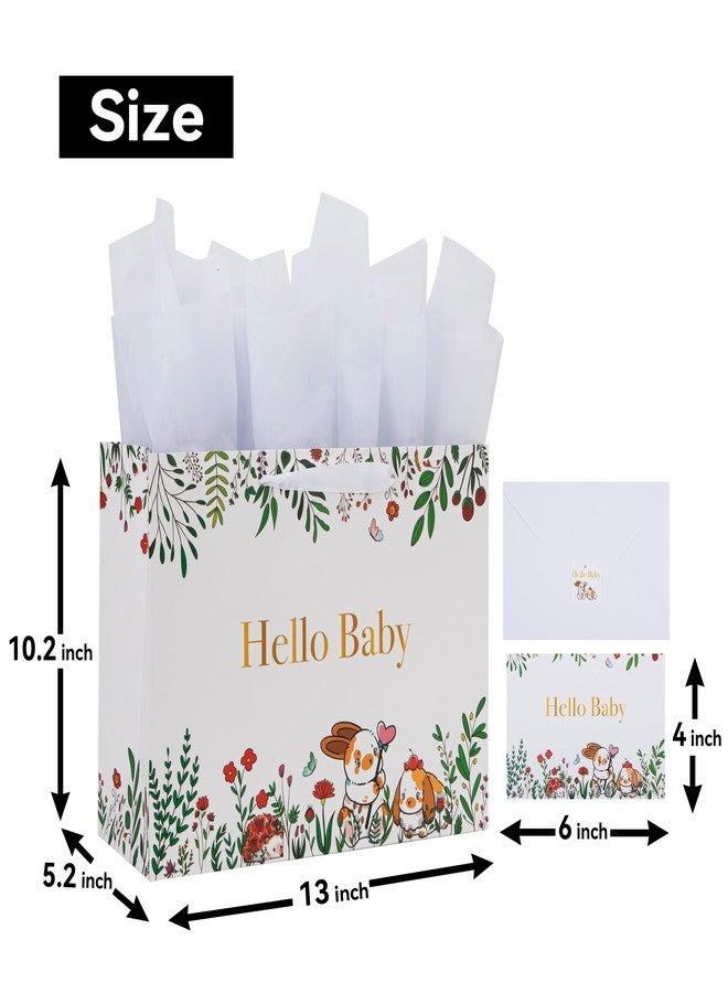 Qirrmiy 13" Large White Gift Bag Set with Greeting Card and Tissue Papers (Hello Baby Design for Girls' Birthday Party, Baby Shower, Baby Girl or Boy, Women's Birthday Parties - 13”x5.2”x10.2”, 1 Pcs. - Image 2