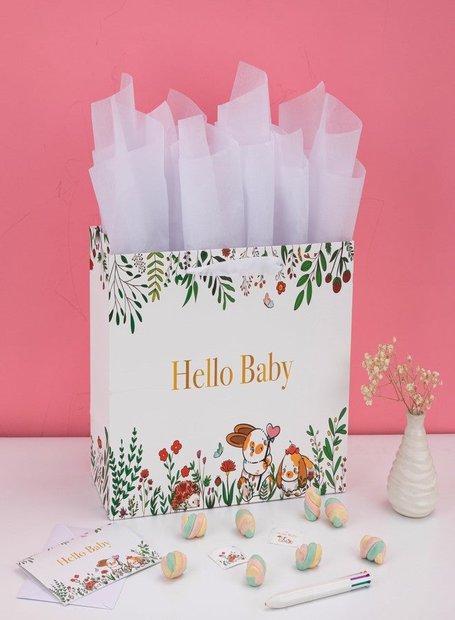 Qirrmiy 13" Large White Gift Bag Set with Greeting Card and Tissue Papers (Hello Baby Design for Girls' Birthday Party, Baby Shower, Baby Girl or Boy, Women's Birthday Parties - 13”x5.2”x10.2”, 1 Pcs. - Image 5