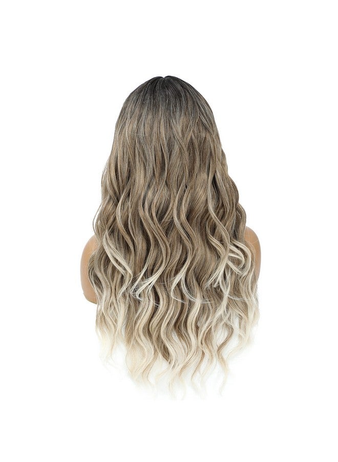 SWACC Long Curly Wavy Wig with Bangs Synthetic Hair Wig for Women with Wig Cap (Dark Root Blonde Ombre) - Image 2