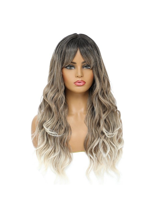 SWACC Long Curly Wavy Wig with Bangs Synthetic Hair Wig for Women with Wig Cap (Dark Root Blonde Ombre) - Image 1