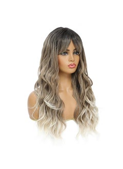 SWACC SWACC Long Curly Wavy Wig with Bangs Synthetic Hair Wig for Women with Wig Cap (Dark Root Blonde Ombre)  - Image 3
