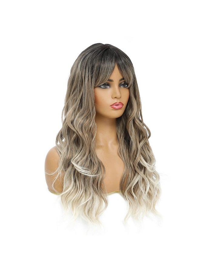 SWACC Long Curly Wavy Wig with Bangs Synthetic Hair Wig for Women with Wig Cap (Dark Root Blonde Ombre) - Image 3