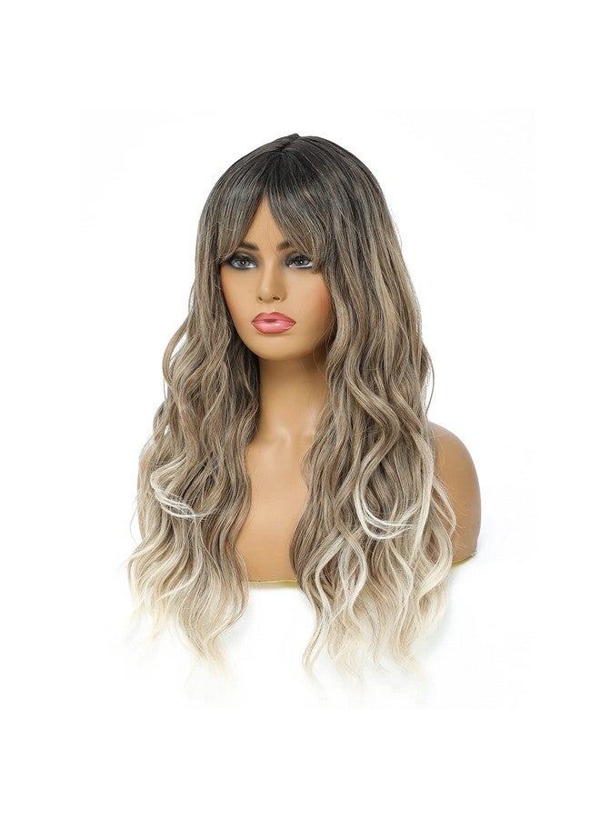 SWACC Long Curly Wavy Wig with Bangs Synthetic Hair Wig for Women with Wig Cap (Dark Root Blonde Ombre) - Image 4