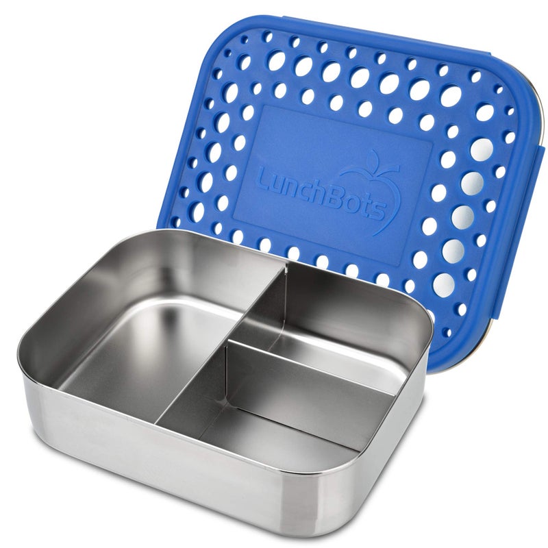 LunchBots حاوية وجبات الغداء المتوسطة تريو II - حاوية طعام من الفولاذ المقاوم للصدأ مقسمة - ثلاثة أقسام للوجبات الخفيفة أثناء التنقل - صديقة للبيئة، آمنة في غسالة الصحون، خالية من BPA - غطاء من الفولاذ المقاوم للصدأ - نقاط زرقاء - Image 1