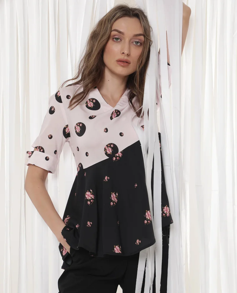 Rareism Women's Polka Statement Raised V-Neck Top