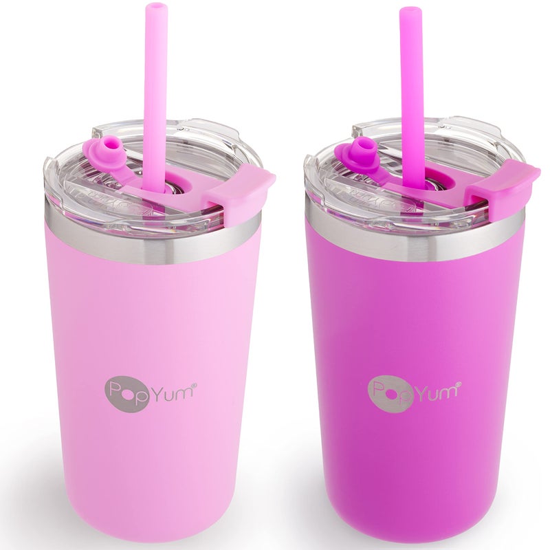 PopYum 13oz Insulated Stainless Steel Kidsâ€™ Cups with Lid and Straw, 2-Pack, Purple, Pink, stackable, sippy, baby, child, toddler, tumbler, double wall, vacuum, leak proof - Image 1