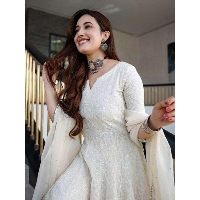 Malikcraft Women's Cotton Chikankari Long Anarkali Kurti With Dupatta White Traditional Indian Ethnic Wear For Women Flowy Full Sleeve Festive Wedding Occasion - Image 2