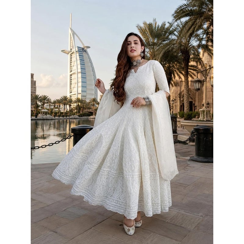 Malikcraft Women's Cotton Chikankari Long Anarkali Kurti With Dupatta White Traditional Indian Ethnic Wear For Women Flowy Full Sleeve Festive Wedding Occasion - Image 4