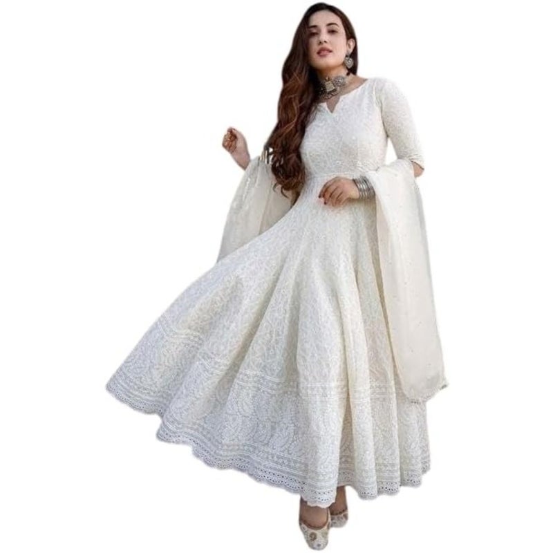Malikcraft Women's Cotton Chikankari Long Anarkali Kurti With Dupatta White Traditional Indian Ethnic Wear For Women Flowy Full Sleeve Festive Wedding Occasion - Image 1