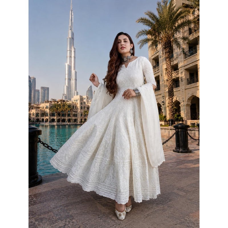 Malikcraft Women's Cotton Chikankari Long Anarkali Kurti With Dupatta White Traditional Indian Ethnic Wear For Women Flowy Full Sleeve Festive Wedding Occasion - Image 3