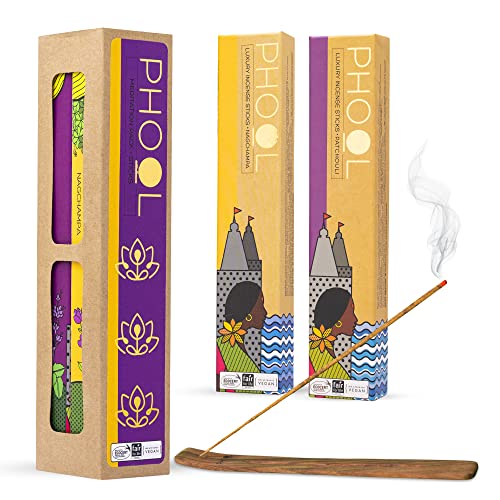 PHOOL LUXURY INCENSE مجموعة فاخرة من بخور التأمل من فهول - أعواد بخور طبيعية (ناجشامبا وبتشولي)، 80 عود بخور عضوي خالي من الفحم، عبوة من 2، حامل خشبي مجاني، يوغا وعبادة - Image 4
