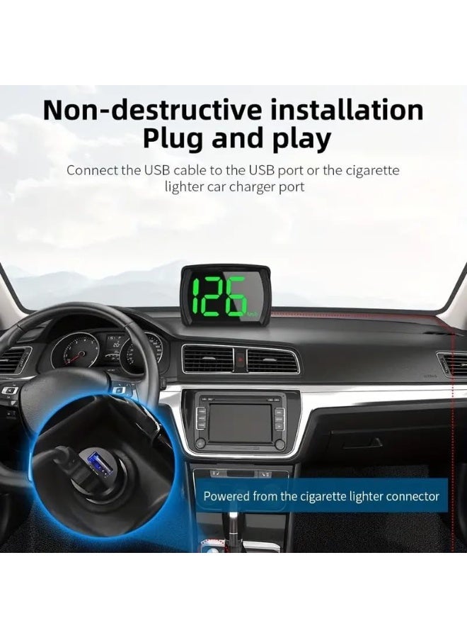 فلوشرينيك شاشة رأس السيارة HUD ، شاشة رأس مقياس السرعة GPS HUD ، مقياس السرعة الرقمي مع MPH ، خط LED كبير ، عالمي للسيارات والشاحنات والسيارات الرباعية الدقيقة والدراجات النارية - التوصيل واللعب مع كابل USB ومحول شاحن السيارة - Image 3
