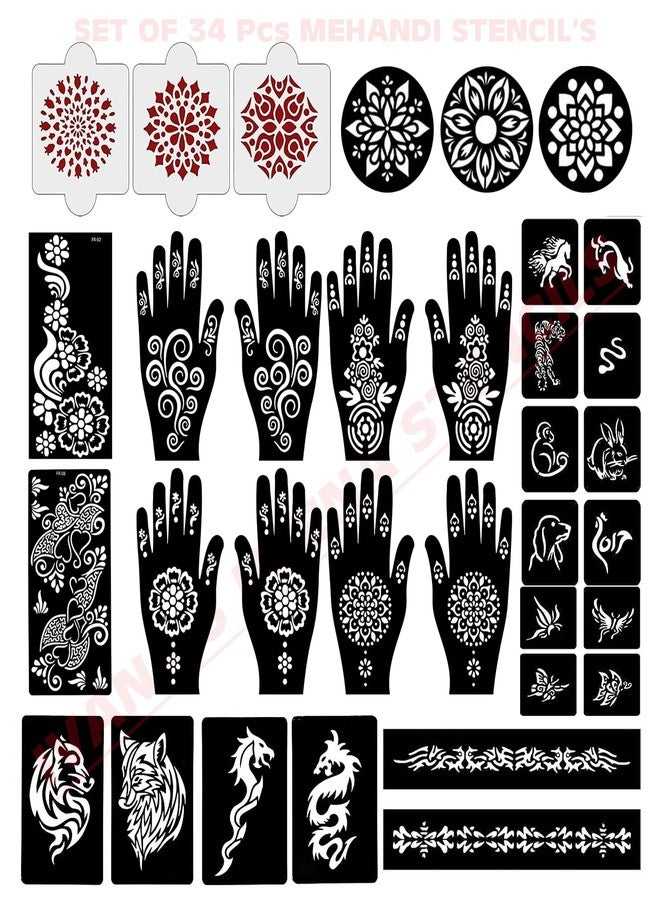 إيفاناز مجموعة إيفانا المكونة من 34 قطعة من قوالب الحناء القابلة لإعادة الاستخدام لليدين والمعصم والجسم والظهر والرقبة والوجه، عبوة كومبو من القوالب للنساء والفتيات والأطفال، سهلة الاستخدام في 4 خطوات فقط، مجموعة تصميم هندي، A2060 - Image 1