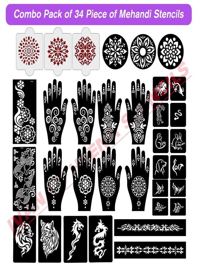 إيفاناز مجموعة إيفانا المكونة من 34 قطعة من قوالب الحناء القابلة لإعادة الاستخدام لليدين والمعصم والجسم والظهر والرقبة والوجه، عبوة كومبو من القوالب للنساء والفتيات والأطفال، سهلة الاستخدام في 4 خطوات فقط، مجموعة تصميم هندي، A2060 - Image 2