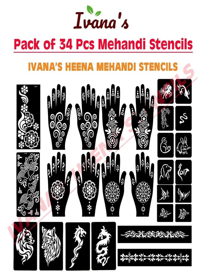 إيفاناز مجموعة إيفانا المكونة من 34 قطعة من قوالب الحناء القابلة لإعادة الاستخدام لليدين والمعصم والجسم والظهر والرقبة والوجه، عبوة كومبو من القوالب للنساء والفتيات والأطفال، سهلة الاستخدام في 4 خطوات فقط، مجموعة تصميم هندي، A2060 - Image 3