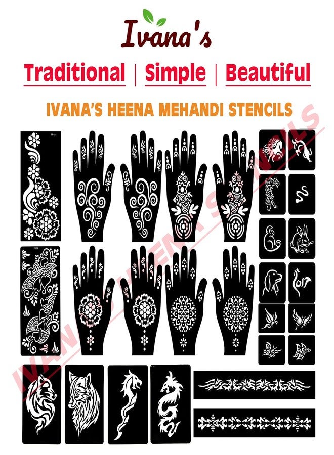 إيفاناز مجموعة إيفانا المكونة من 34 قطعة من قوالب الحناء القابلة لإعادة الاستخدام لليدين والمعصم والجسم والظهر والرقبة والوجه، عبوة كومبو من القوالب للنساء والفتيات والأطفال، سهلة الاستخدام في 4 خطوات فقط، مجموعة تصميم هندي، A2060 - Image 5