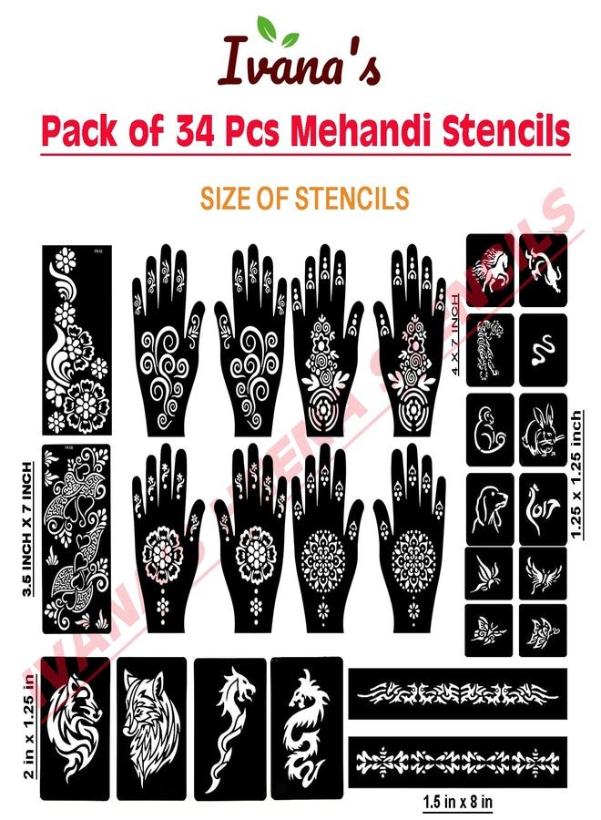 إيفاناز مجموعة إيفانا المكونة من 34 قطعة من قوالب الحناء القابلة لإعادة الاستخدام لليدين والمعصم والجسم والظهر والرقبة والوجه، عبوة كومبو من القوالب للنساء والفتيات والأطفال، سهلة الاستخدام في 4 خطوات فقط، مجموعة تصميم هندي، A2060 - Image 4