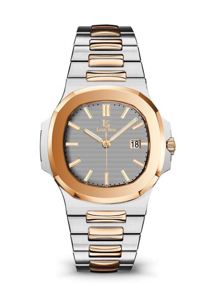 Louis Ston Men's wrist watch, waterproof and of high quality, silver and bronze color with a gray dial.