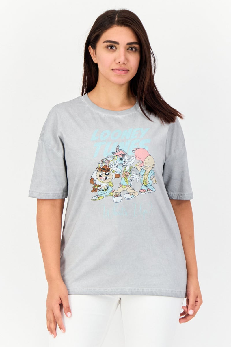 Looney Tunes Women Crew Neck Short Sleeve Graphic Print T-Shirt, Grey  - Image 1