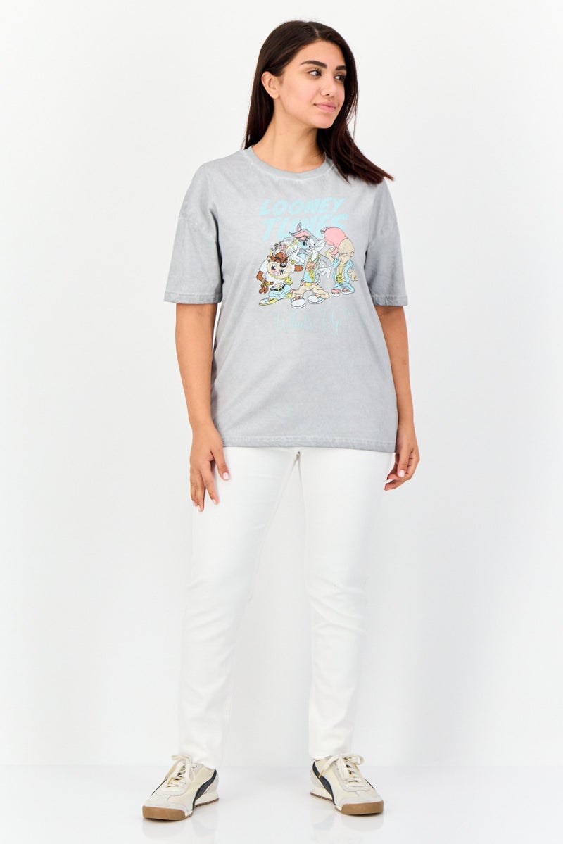 Looney Tunes Women Crew Neck Short Sleeve Graphic Print T-Shirt, Grey  - Image 3
