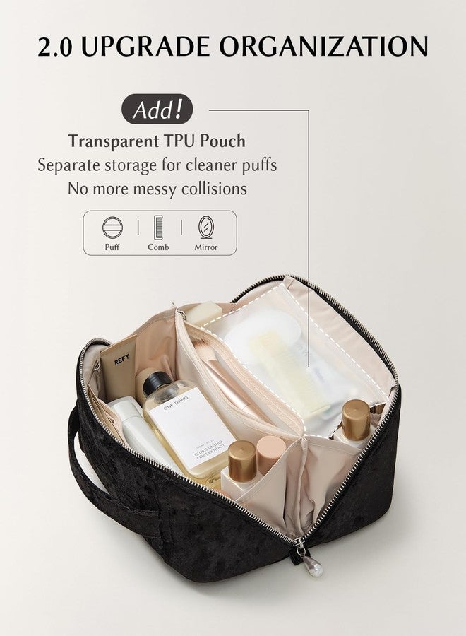 EACHY Travel Makeup Bag,Velvet Cosmetic Bag for Women,Portable 180°Wide-Open Flat Toiletry Bag,Large Capacity Makeup Pouch Make up Organizer with Divider and Handle - Image 4