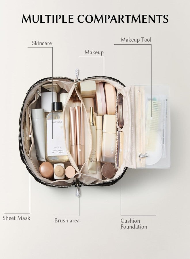 EACHY Travel Makeup Bag,Velvet Cosmetic Bag for Women,Portable 180°Wide-Open Flat Toiletry Bag,Large Capacity Makeup Pouch Make up Organizer with Divider and Handle - Image 3
