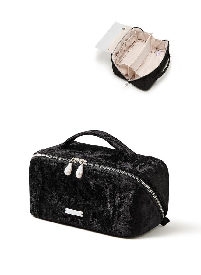 EACHY Travel Makeup Bag,Velvet Cosmetic Bag for Women,Portable 180°Wide-Open Flat Toiletry Bag,Large Capacity Makeup Pouch Make up Organizer with Divider and Handle - Image 1