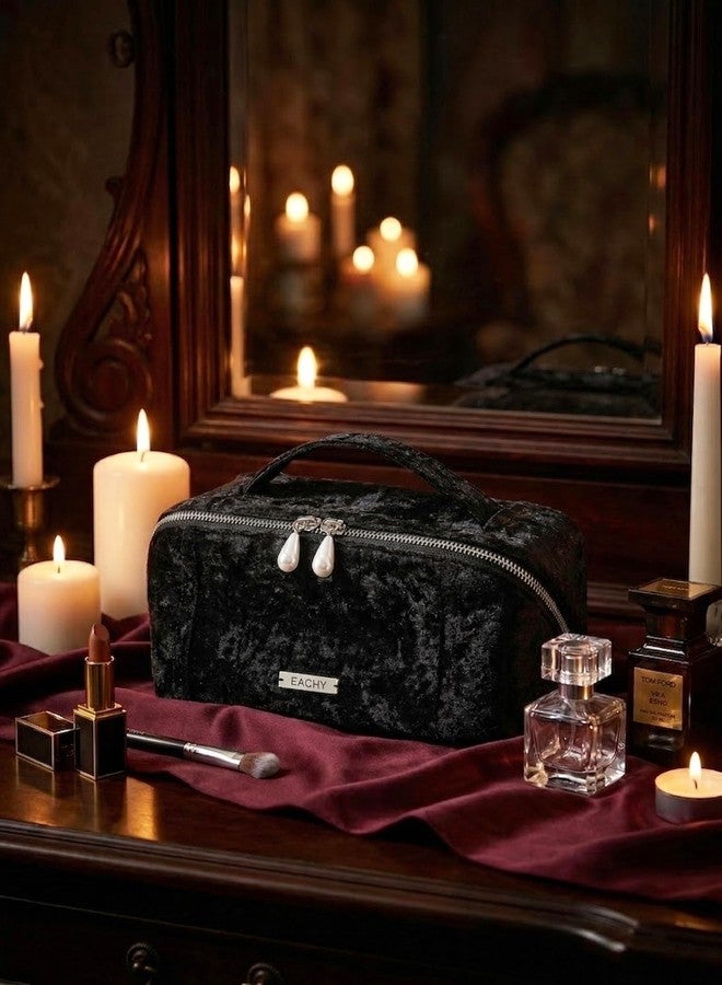 EACHY Travel Makeup Bag,Velvet Cosmetic Bag for Women,Portable 180°Wide-Open Flat Toiletry Bag,Large Capacity Makeup Pouch Make up Organizer with Divider and Handle - Image 2