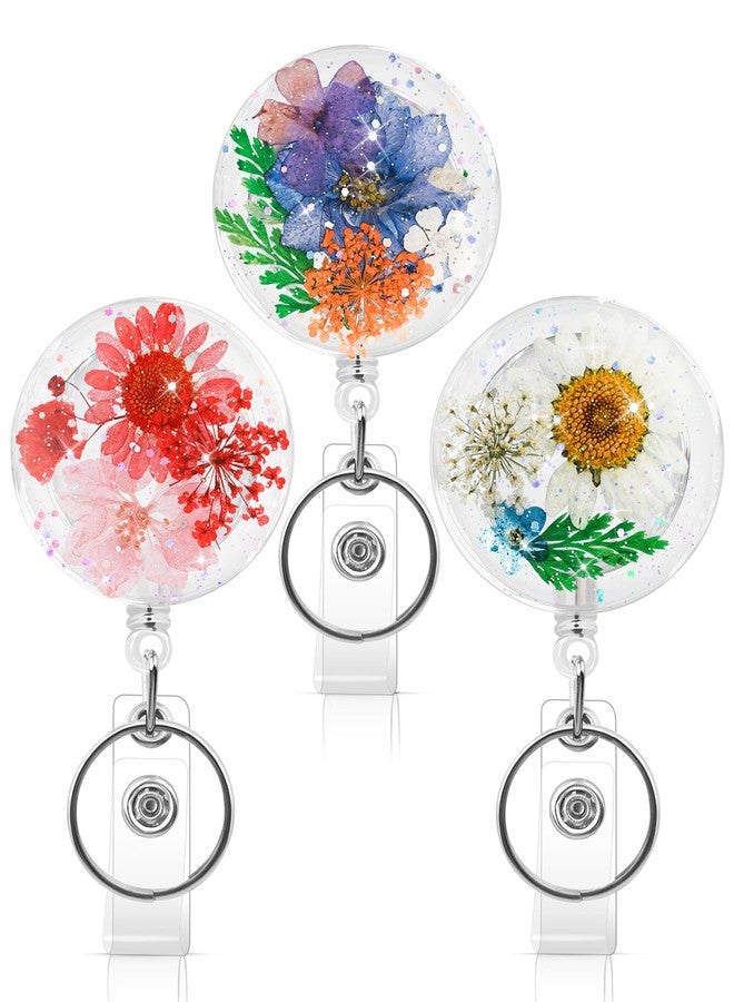 KJQJLY 3 Pcs Cute Flower Badge Reels Retractable for Nurse, Dried Floral Resin Badge Holder with Key Ring, Decorative Nursing Badge Clip for Women Doctor Teacher ID Card(Classic) - Image 1