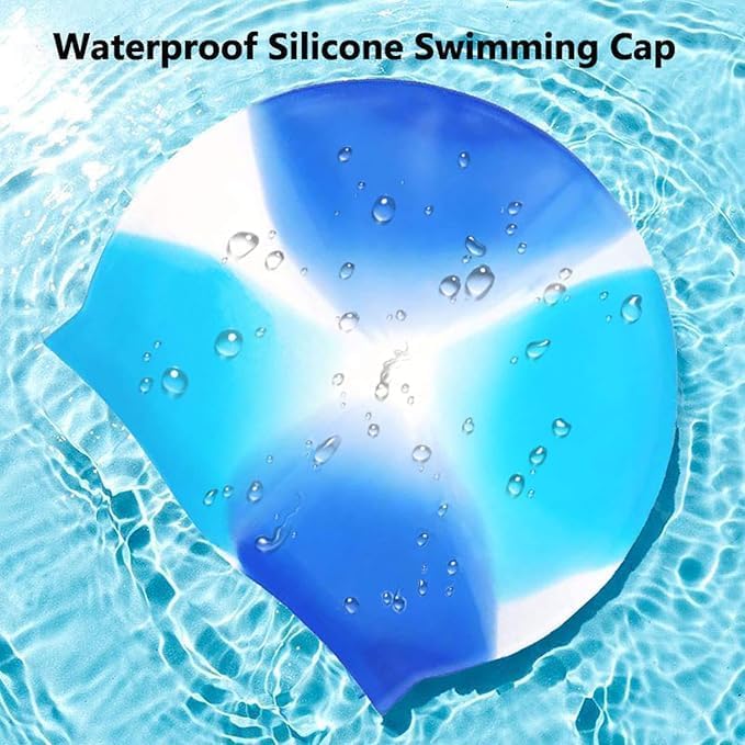 Zoto Silicone Swim Cap with Multi-Tone Blue Pattern - Waterproof - Image 5
