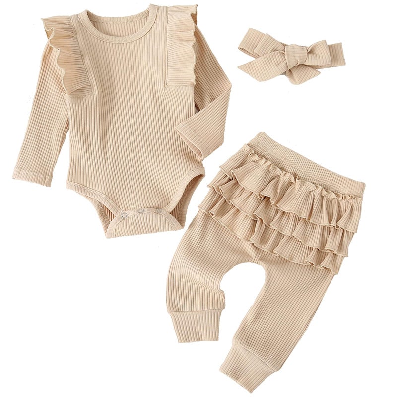 Fullfamous Newborn Infant Baby Girl Fall Winter Clothes Long Sleeve Onesie Clothing Pant Clothing Set Outfits Gifts Newborn Ecru - Image 1