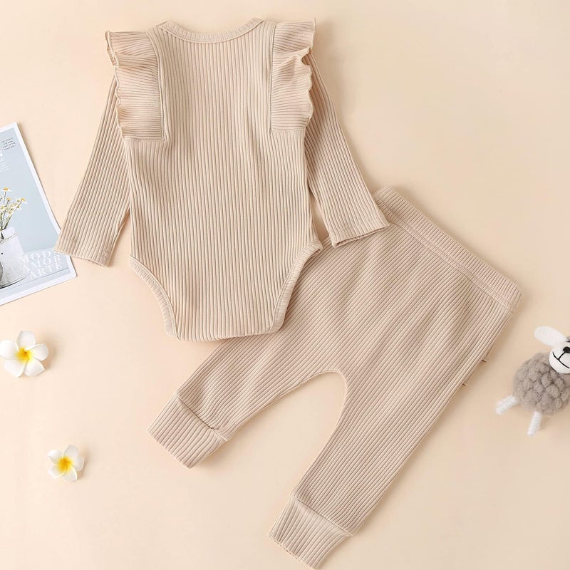 Fullfamous Newborn Infant Baby Girl Fall Winter Clothes Long Sleeve Onesie Clothing Pant Clothing Set Outfits Gifts Newborn Ecru - Image 3