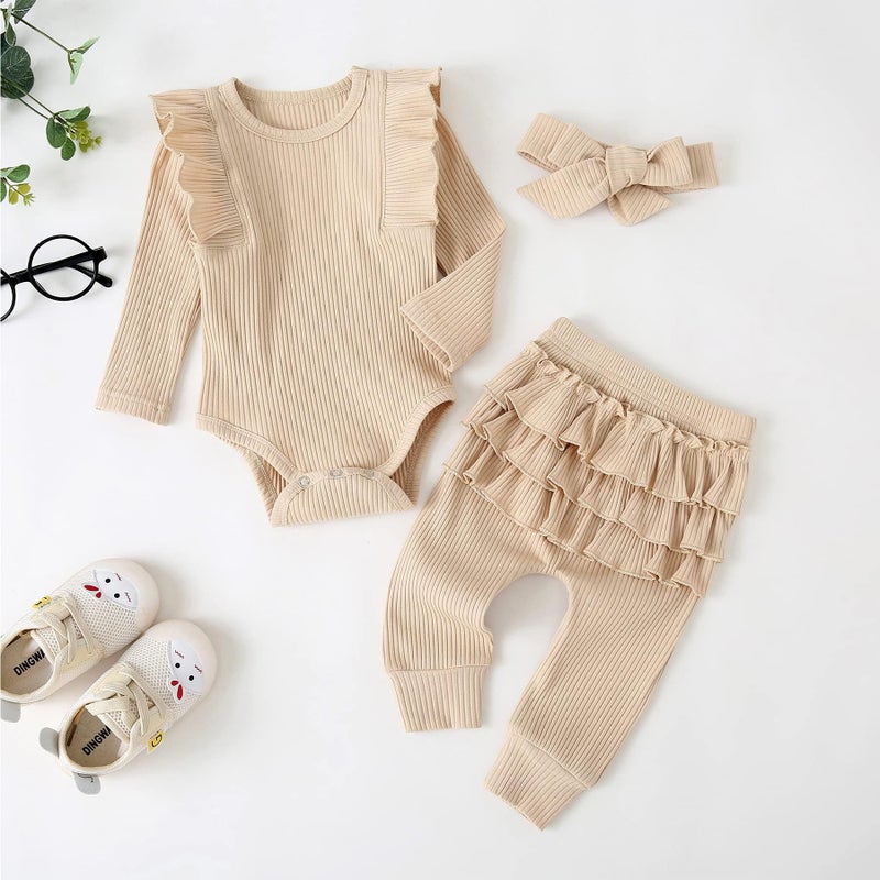 Fullfamous Newborn Infant Baby Girl Fall Winter Clothes Long Sleeve Onesie Clothing Pant Clothing Set Outfits Gifts Newborn Ecru - Image 2