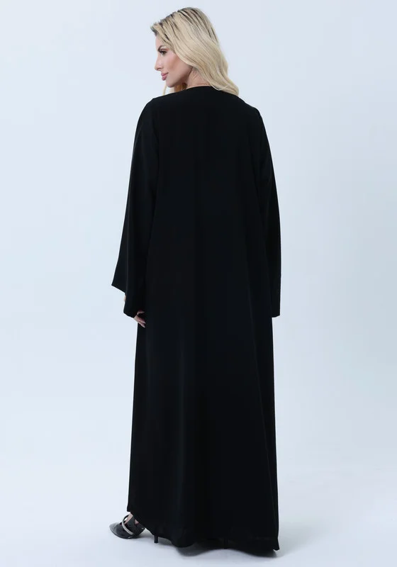 أم سكوير فاشن Black Nida Abaya with White Leaf Embroidery  - Elegant Threadwork Design With Headscarf