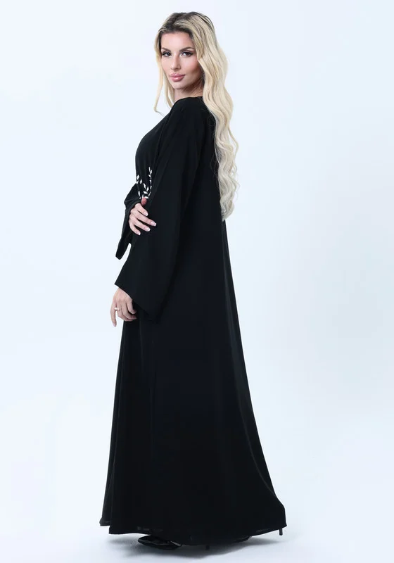 MSquare Fashion Black Nida Abaya with White Leaf Embroidery  - Elegant Threadwork Design With Headscarf
