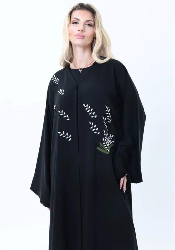 أم سكوير فاشن Black Nida Abaya with White Leaf Embroidery  - Elegant Threadwork Design With Headscarf