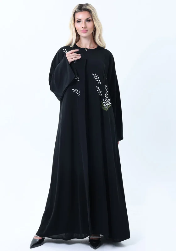 MSquare Fashion Black Nida Abaya with White Leaf Embroidery  - Elegant Threadwork Design With Headscarf