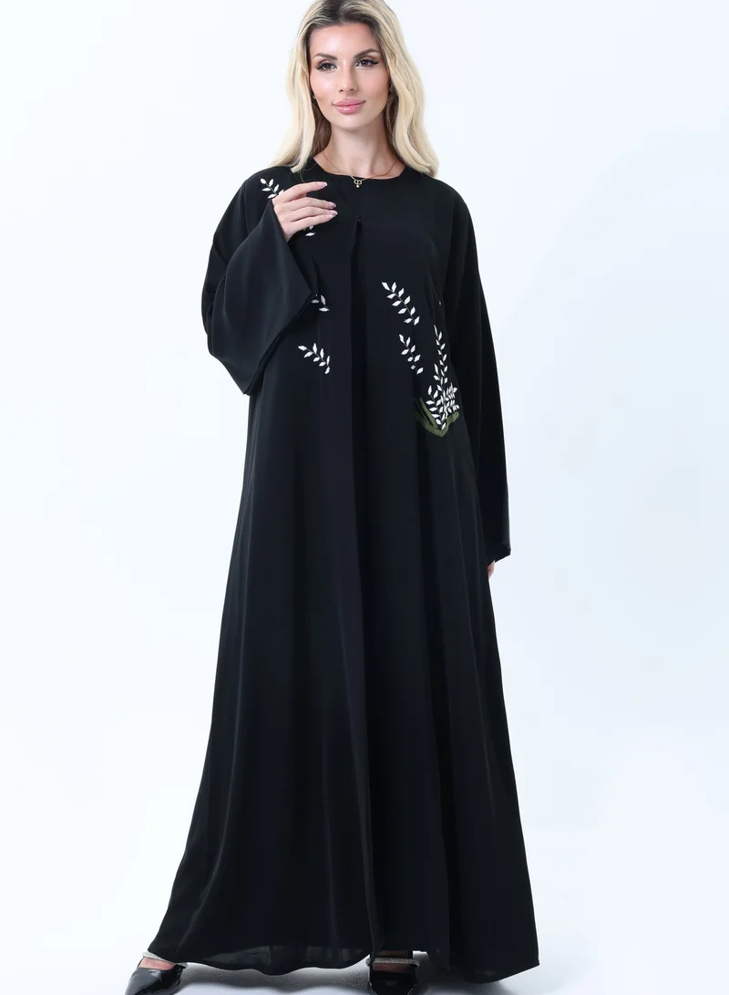 MSquare Fashion Black Nida Abaya with White Leaf Embroidery  - Elegant Threadwork Design With Headscarf