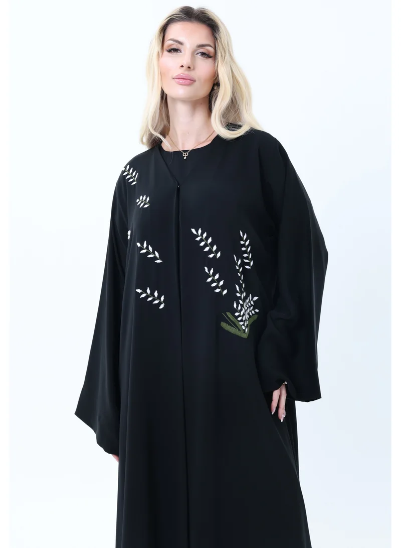 MSquare Fashion  Black Nida Abaya with White Leaf Embroidery  - Elegant Threadwork Design With Headscarf for Women | Best Price UAE