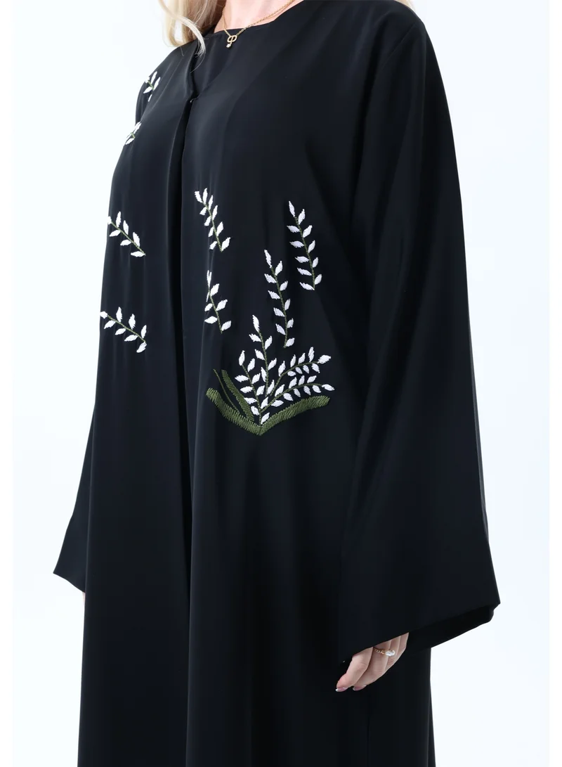 MSquare Fashion  Black Nida Abaya with White Leaf Embroidery  - Elegant Threadwork Design With Headscarf for Women | Best Price UAE