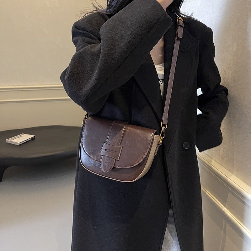 2024 Pure Color Pu French Niche Elegant Popular Small Bag New Shoulder Bag Retro Crossbody Saddle Bag - Image 4