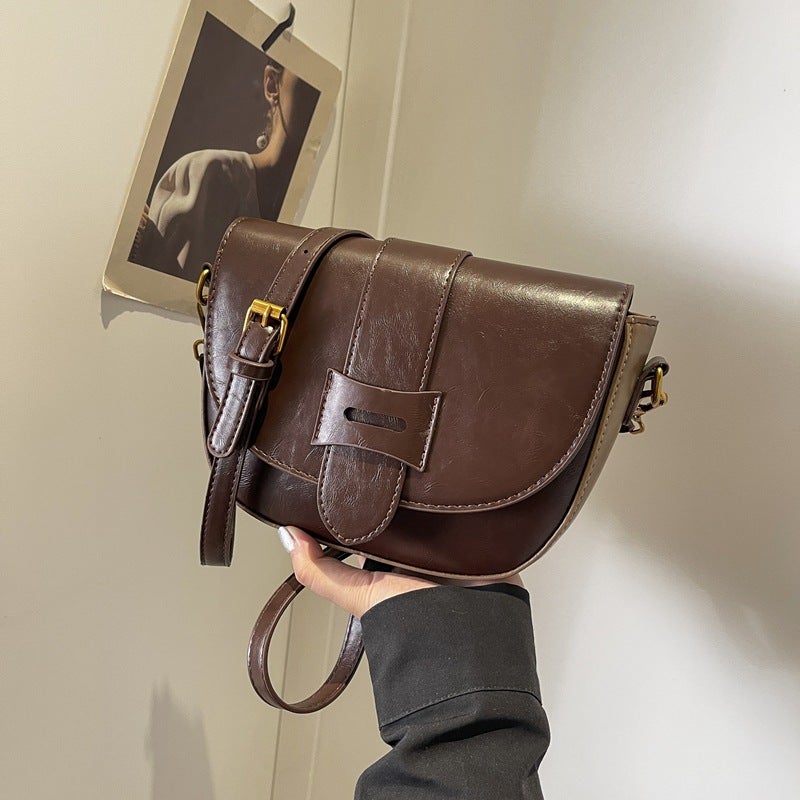2024 Pure Color Pu French Niche Elegant Popular Small Bag New Shoulder Bag Retro Crossbody Saddle Bag - Image 2