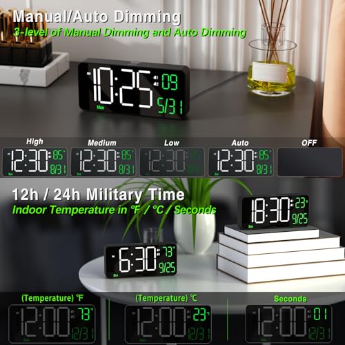 KOSUMOSU Digital Alarm Clocks for Bedrooms,6.7in Black Small Digital Clock for Bedroom, Auto Dimming,Date,Week,Seconds or Indoor Temperature,Desk Clocks for Living Room,LED Alarm Clock Calendar - Image 3