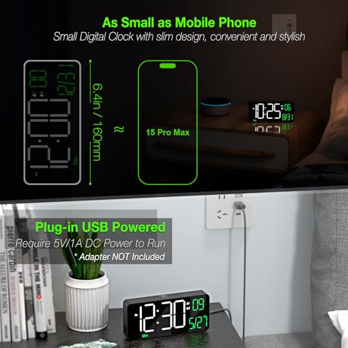 KOSUMOSU Digital Alarm Clocks for Bedrooms,6.7in Black Small Digital Clock for Bedroom, Auto Dimming,Date,Week,Seconds or Indoor Temperature,Desk Clocks for Living Room,LED Alarm Clock Calendar - Image 2
