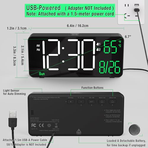 KOSUMOSU Digital Alarm Clocks for Bedrooms,6.7in Black Small Digital Clock for Bedroom, Auto Dimming,Date,Week,Seconds or Indoor Temperature,Desk Clocks for Living Room,LED Alarm Clock Calendar - Image 5