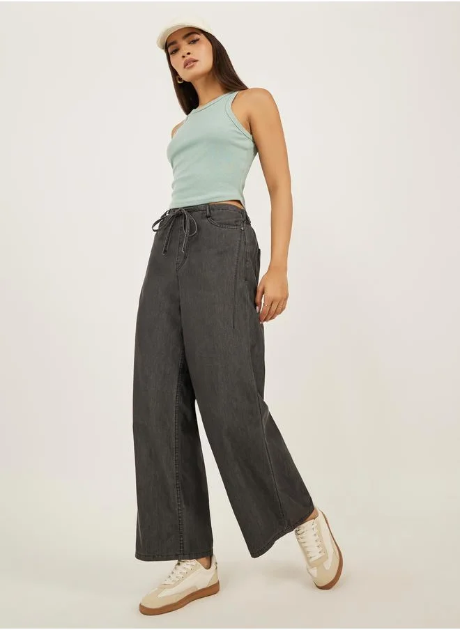 ستايلي Styli Mid Rise Plain Wide Leg Jeans with Drawstring Waist