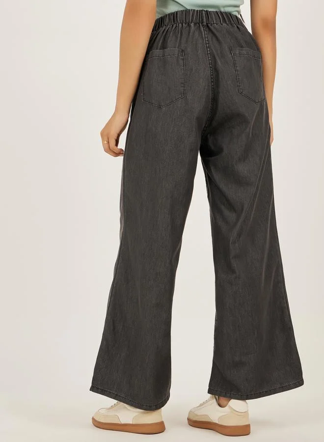 Styli Mid Rise Plain Wide Leg Jeans with Drawstring Waist